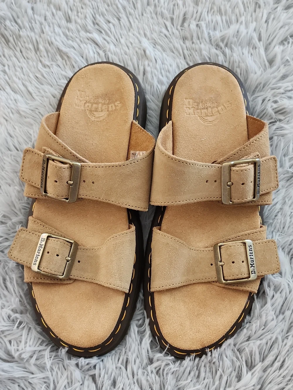 Dr. Martens Men/ Women Beige/Tan Suede Double-Buckle Slide Sandals